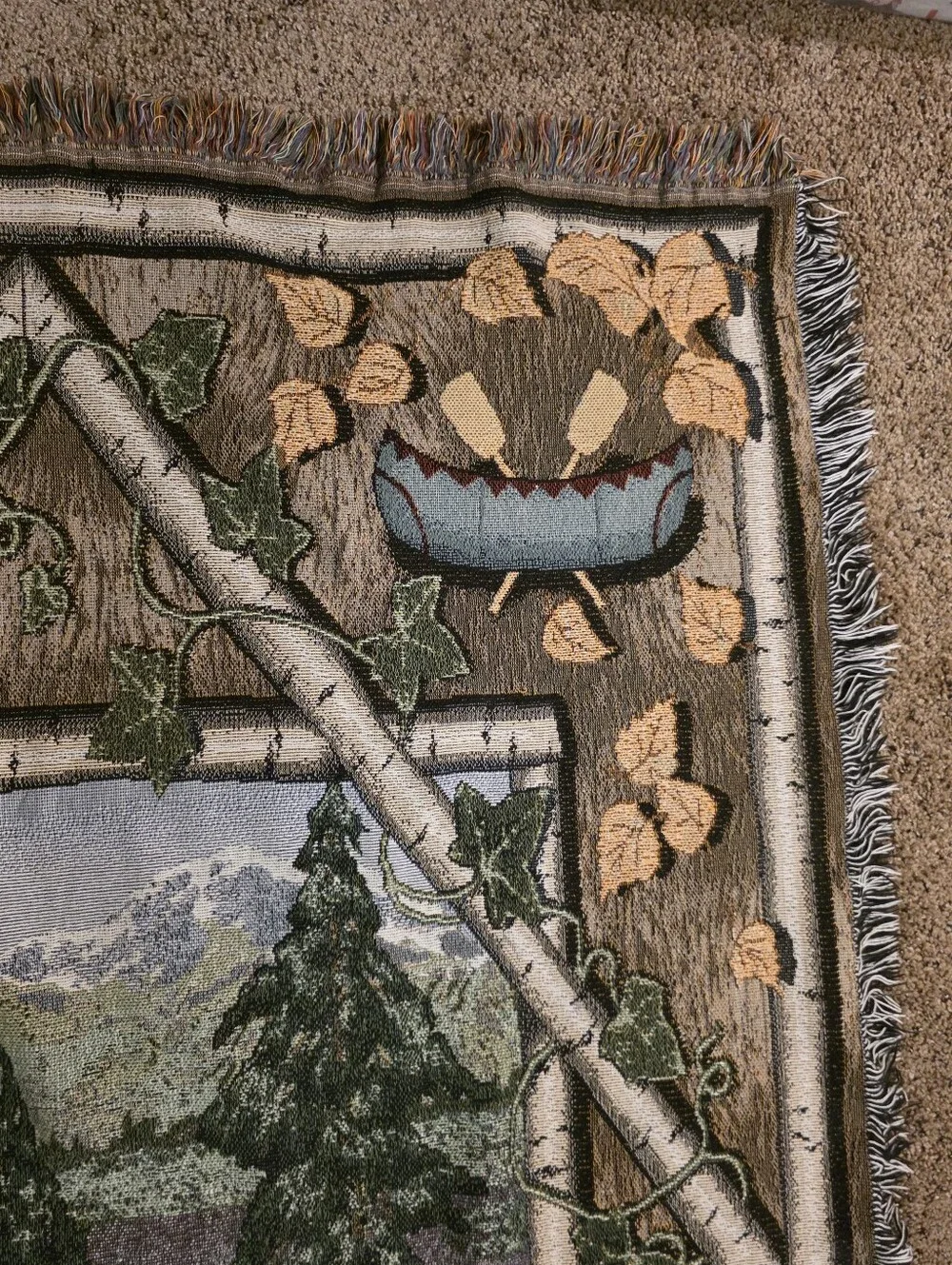 Vintage Log Cabin Throw Blanket With Fringe. Woods Birch Trees